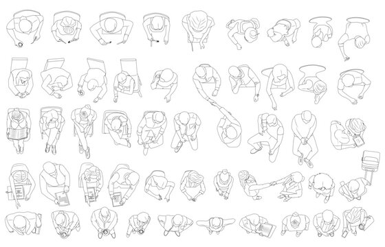 Sitting people top view. People sit on different chairs with laptops, books and phones. Men and women at a table eating, talking. business table.. Vector guys and girls on seats set