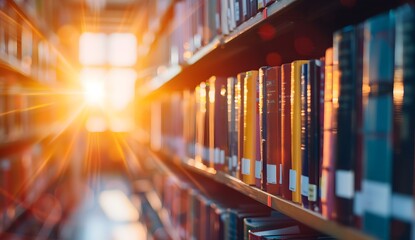 Fototapeta premium Blurred background of bookshelves in library with sunlight, closeup. Conceptual banner design for education and learning