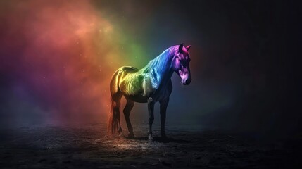 Capture the essence of magic and wonder in a captivating stock photo where a magnificent rainbow horse stands proudly against a dark, mystical background, inspiring awe and fascination. 