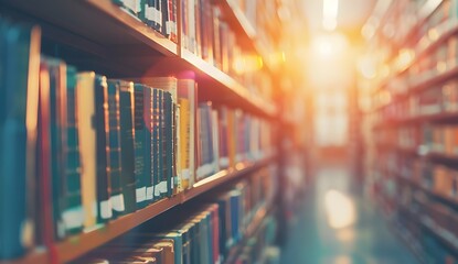 Blurred background of bookshelves in library with sunlight, closeup. Conceptual banner design for education and learning