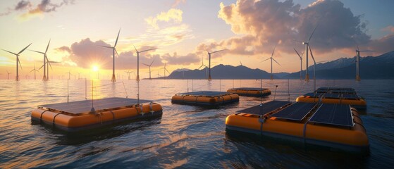 Floating solar panels and offshore wind turbines, mixed renewable energy sources