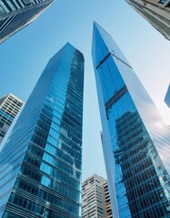 Obraz premium Low Angle View, Modern Skyscrapers in Blue, High-Resolution Photography