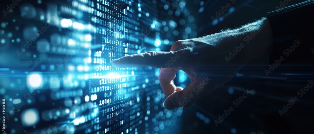 Poster futuristic interface with hand manipulating digital data, highlighting technological progress