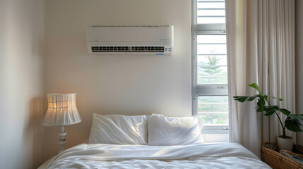 Modern Split Air Conditioner Installation Above Bedroom Window for Efficient Cooling System
