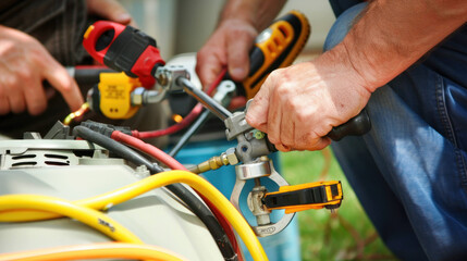 Skilled Technician Servicing Air Conditioning Unit with Tools in Repair Shop