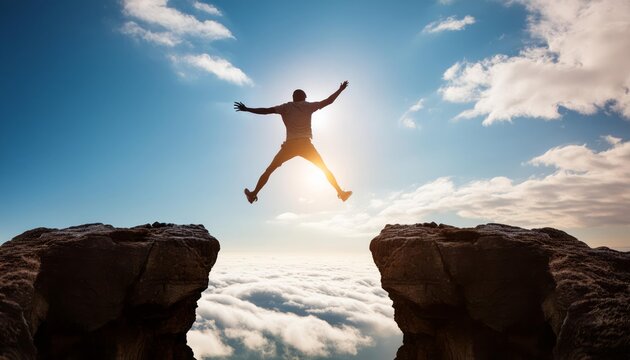 Man Celebrating Success, Cliff Jumping on Mountain Top