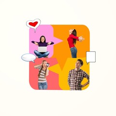 Creative abstract collage of cheerful people communicate online