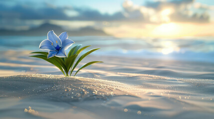 Stunning Blue Flower Blooming on Sandy Beach at Sunrise Amidst Serene Ocean Waves and Scenic Horizon, Capturing Nature s Beauty and Tranquility in a Coastal Landscape - Powered by Adobe