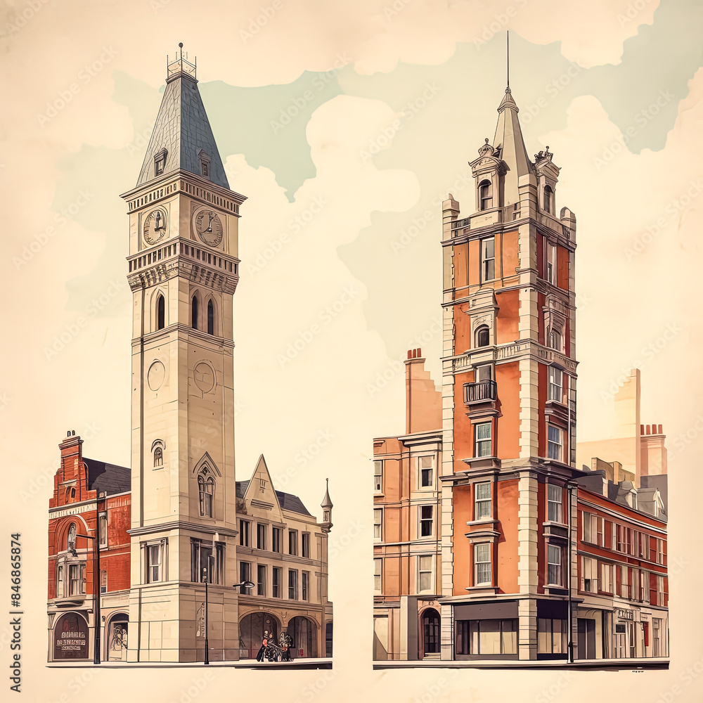 Poster two tall buildings with a clock tower in the middle. the clock tower is on the left side of the imag