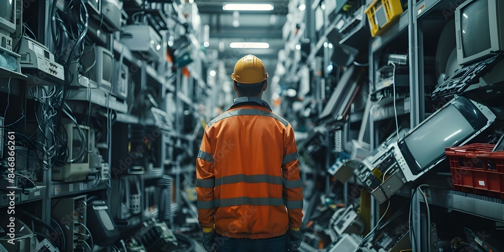 Aufkleber sorting ewaste separating recyclables and removing hazardous materials in a tech recycling facility.