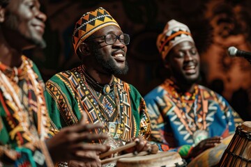Obraz premium Energetic african musicians in traditional attire play drums with joy and enthusiasm