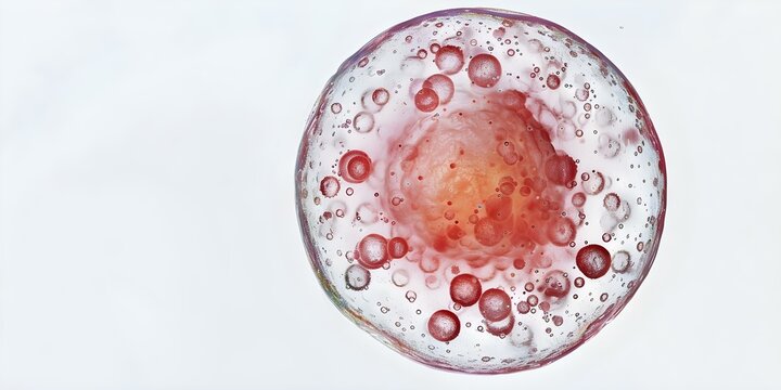 Closeup image of a human oocyte with surrounding follicular cells on white background. Concept Closeup Photography, Human Oocyte, Follicular Cells, White Background