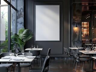 A restaurant with a large white wall and black chairs. The chairs are empty and the table is set with wine glasses and utensils. Scene is elegant and sophisticated