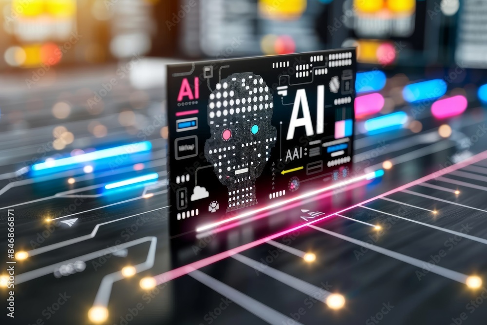 Poster high tech ai interface with vibrant neon lights and intricate circuitry in a futuristic cityscape re