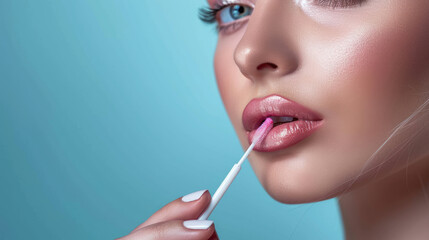 Close-up of beautiful woman applying lip gloss over blue background