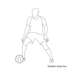 Soccer running player with ball. Vector stock one line hand drawing illustration isolated on white background for design template football championship, game. Editable stroke. 