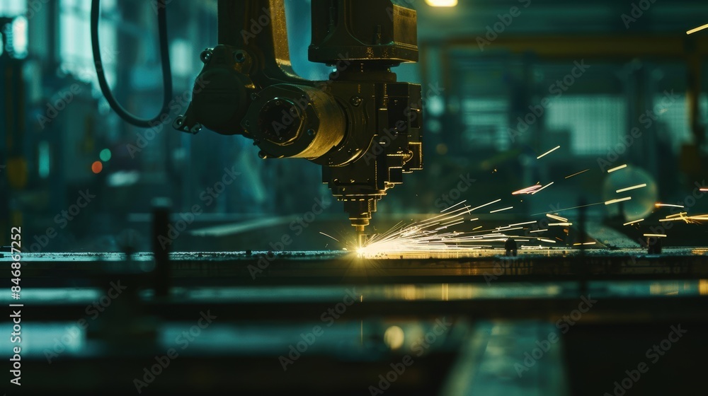 Poster robotic arm cutting materials in a dimly lit automated factory with laser technology and sparks