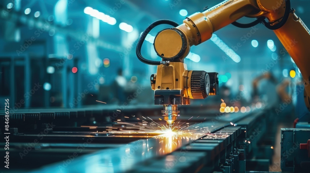 Poster robotic arm cutting materials in a dimly lit automated factory with laser technology and sparks