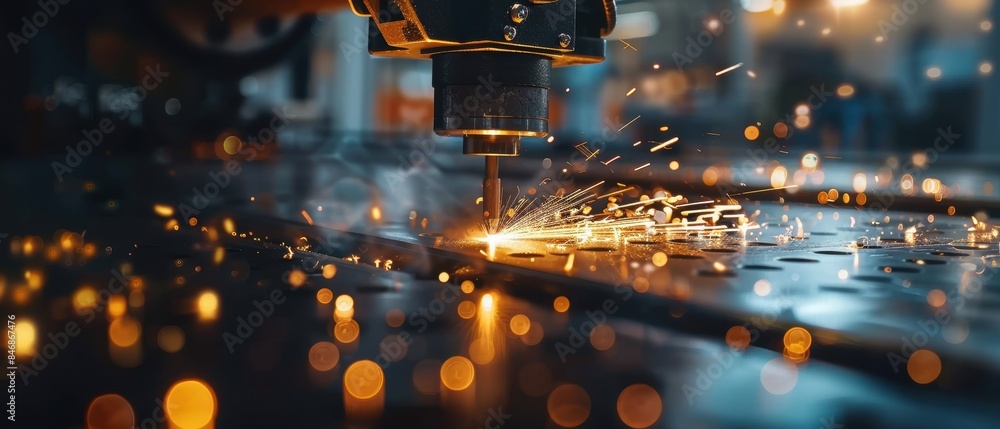 Poster smart factory with robotic arm cutting materials using advanced laser technology, sparks