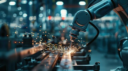 Robotic arm with advanced laser technology cutting materials, sparks in a smart factory