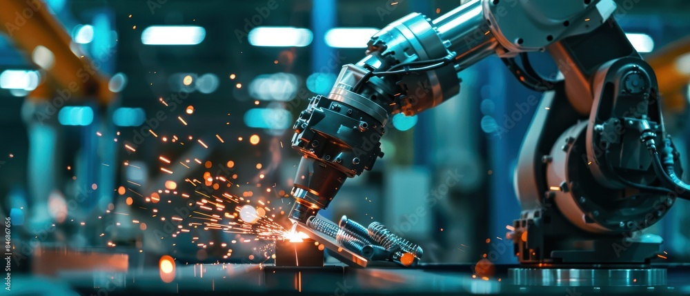 Poster sparks flying as a robotic arm cuts materials with laser technology in an automated factory