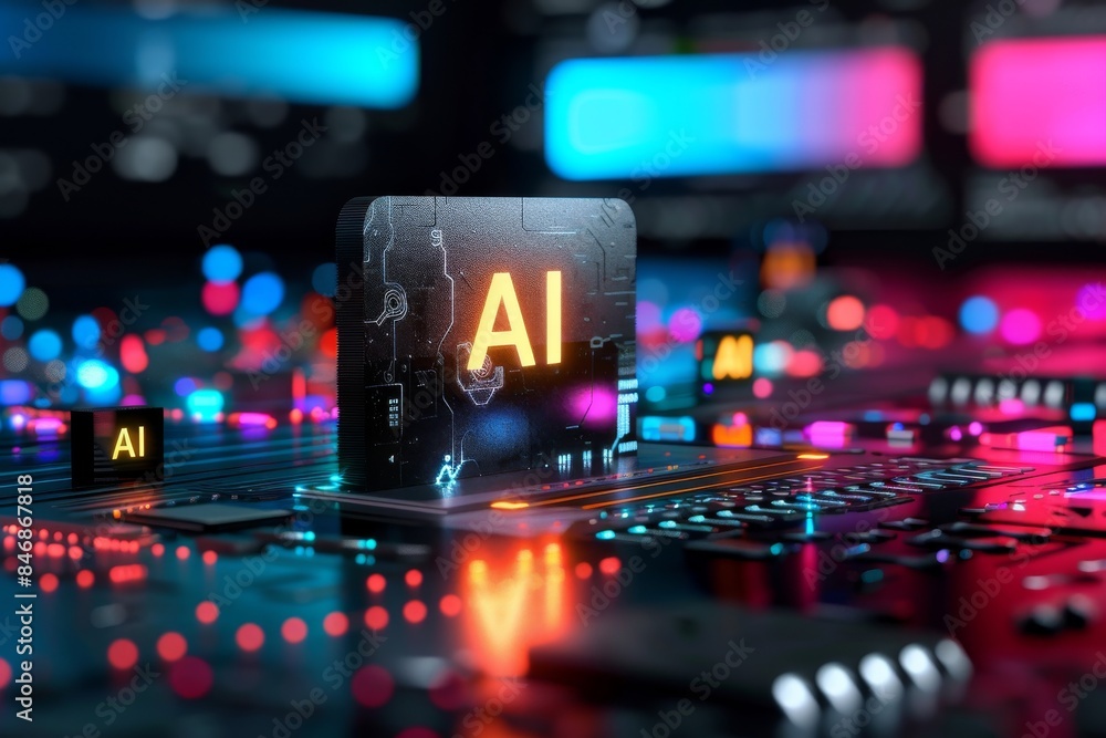 Poster cutting edge ai processor with vibrant neon lights and intricate circuitry on a futuristic motherboa