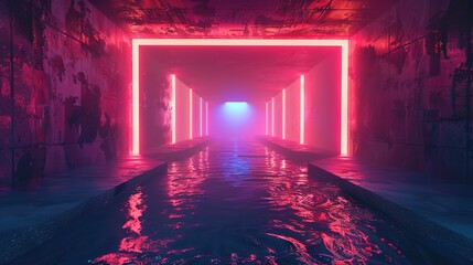 Neon lights in a sewer, water stream underground