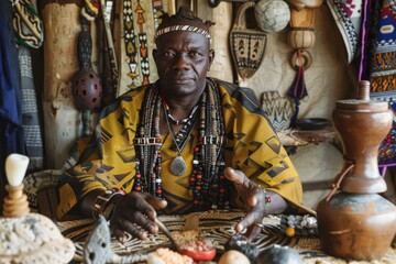 Proud african man in traditional dress seated amidst cultural artifacts and crafts