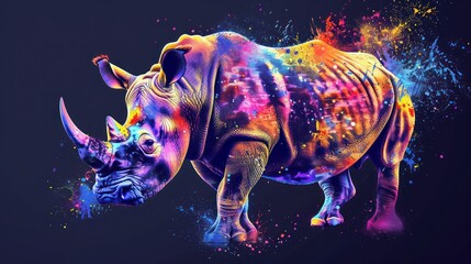 Capture the essence of conservation with a dynamic stock photo showcasing an abstract rhinoceros illustration in vibrant colors and pointillism style, encouraging awareness.