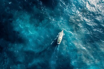 Aerial view of a sailboat gliding on deep blue ocean waves on a sunny day