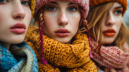 Obraz premium Three women wearing hats and scarves are posing for a photo