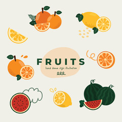 minimal flat style doodle hand drawn vector illustration icon set of cute summer fruits. Orange, lemon, watermelon. Whole, half, slice. For poster, sticker, banner, artwork, social media