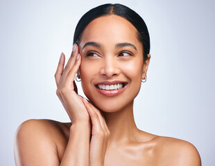 Woman, thinking and clean skincare in studio, healthy and hands for beauty on white background....