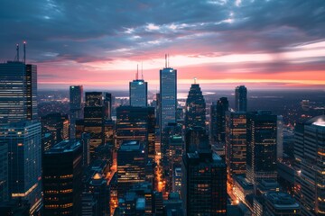 Obraz premium The skyline of a city illuminated at sunset.