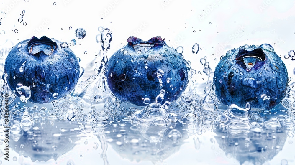 Poster Closeup of three juicy,ripe blueberries with sparkling water droplets that refract the light,creating a serene and elegant still life on a clean white background.