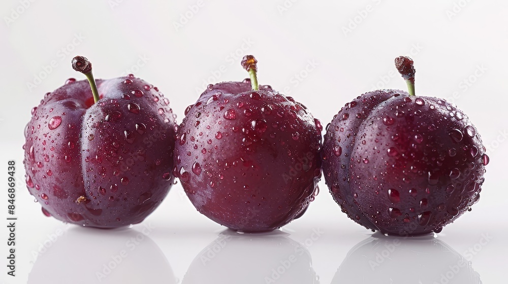 Canvas Prints Close-up of three ripe,juicy plums with glistening water droplets reflecting the light on a simple,clean white background. The fresh,seasonal fruit is presented in a minimalist.