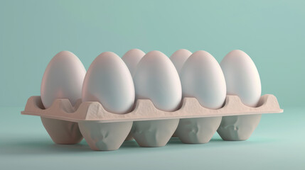 Six white eggs in a carton, displayed on a light blue background, representing freshness and simplicity in food presentation.