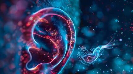 Digital of a human ear, rendered in glowing particles, with a stylized representation of a cochlear implant device, evokes a sense of technological advancement in the field of hearing restoration.
