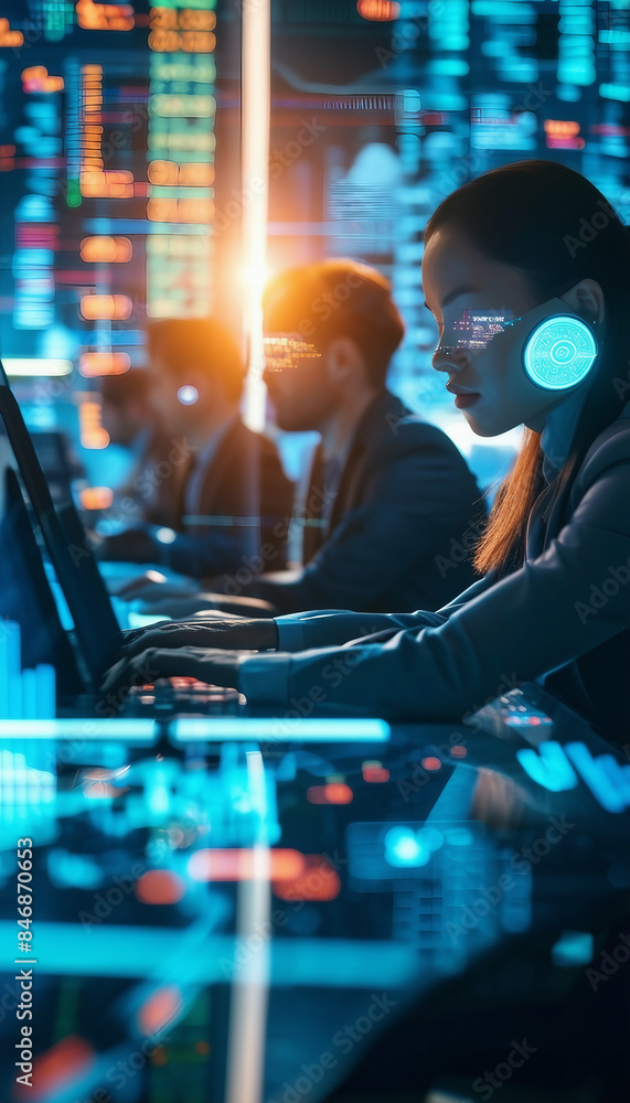 Poster futuristic technology concept team of artificial intelligence software engineers and finance workers