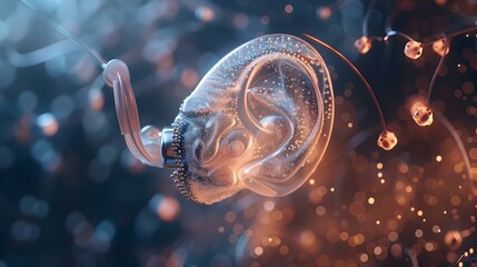Translucent human ear adorned with a cochlear implant, symbolizing the fusion of biology and technology to restore hearing.