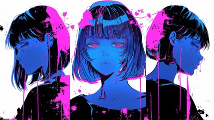 Cool grunge neon blue and pink y2k anime girl manga with a negative photocopy effect. retrowave vintage design