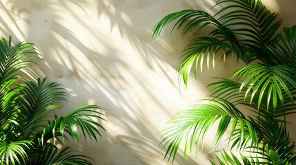 Beautiful palm leaves create elegant shadows on a beige wall, casting a serene ambiance with a touch of natures beauty
