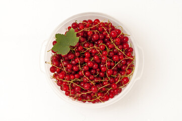 Freshly harvested ripe red currants in a bowl on white background. Top view.