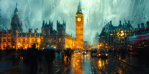 A busy city street with a large clock tower in the background. The street is wet from the rain, and...