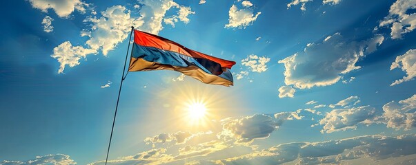Eswatini flag waving against a sunny sky