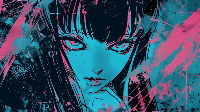 Foto Cool grunge neon blue and pink y2k anime girl manga with a