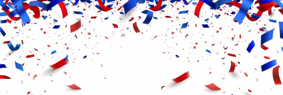 Abstract blue and red confetti on white background, minimalist style olympic games concept, wide banner, copy space