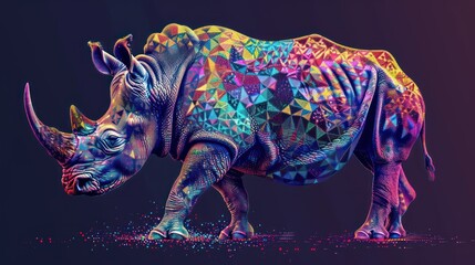 Craft a visually stunning stock photo featuring an abstract rhinoceros rendered in vibrant colors and intricate pointillism style, evoking a sense of majesty and strength. 