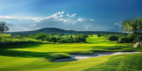Picturesque golf course with rolling green hills, surrounded by scenic landscapes and distant mountains under a clear blue sky, perfect for leisure and outdoor activities..