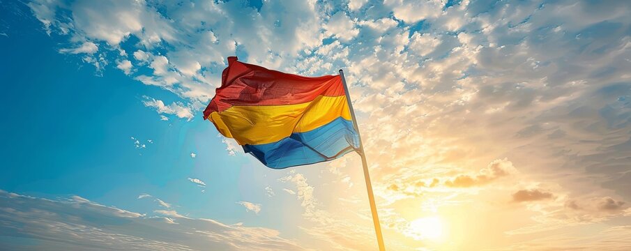 Seychelles flag flying against a sunny sky - Powered by Adobe